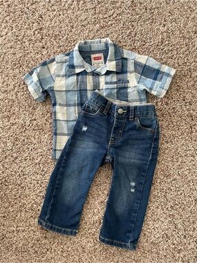Levi's Blue & White Plaid Shirt with Levi’s 514 Straight Denim Jeans 12M Set